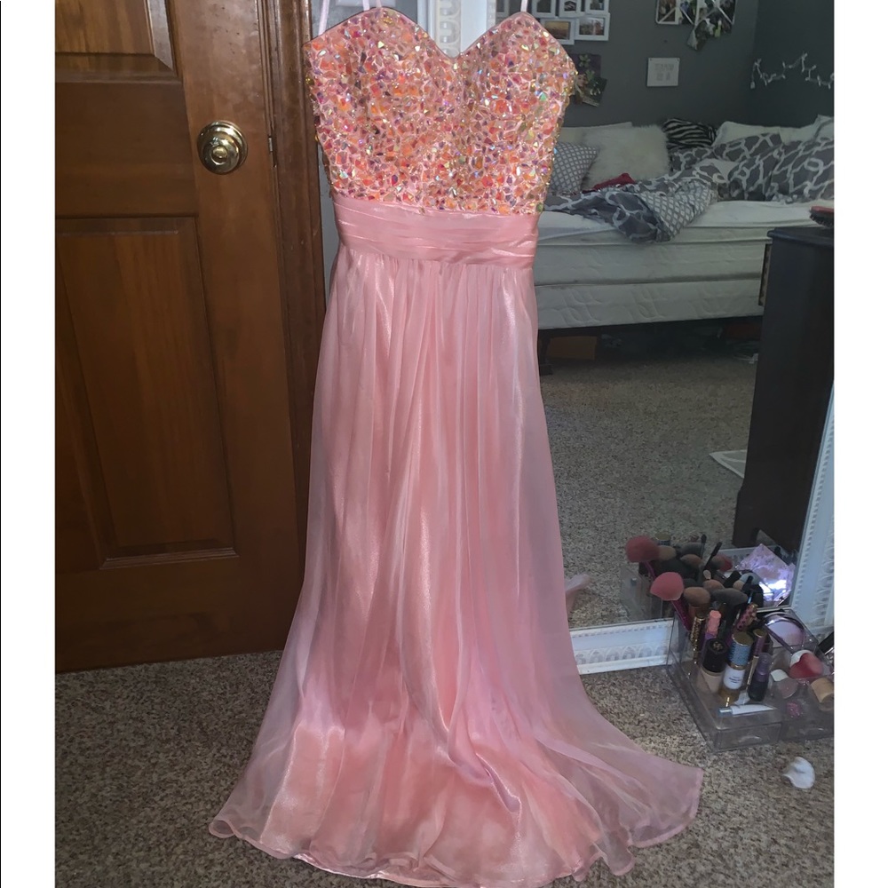 long strapless coral prom dress
